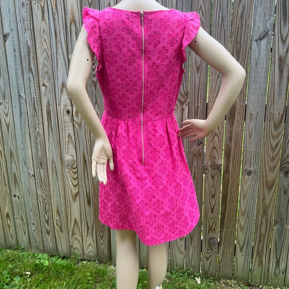 NWT $99 Kensie | Electric Pink | Eyelet Floral Ruffle Flutter Sleeve Dress - Picture 4 of 7